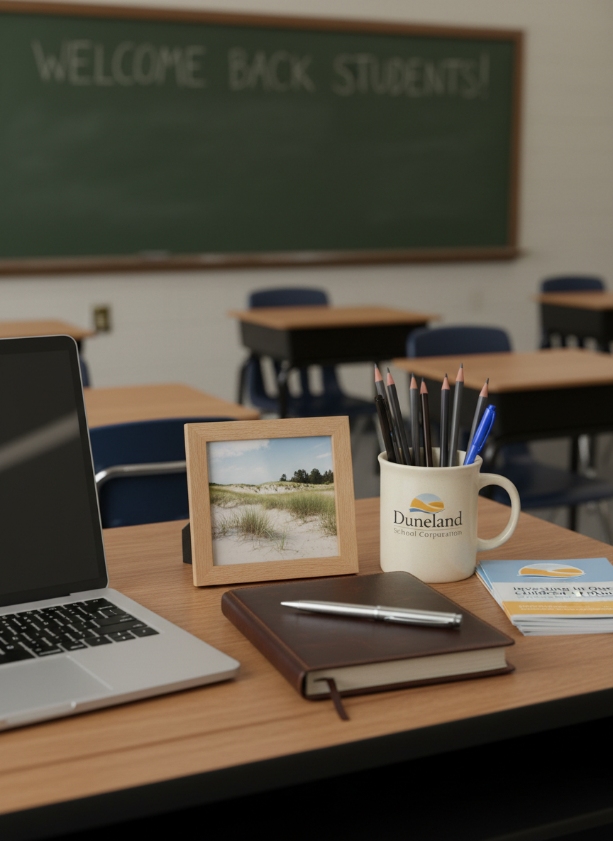 A close-up, photographic image of a wooden teacher’s desk in a Duneland school, carefully arranged to imply a professional school board candidate’s presence without showing any person. A sleek, closed silver laptop sits beside a leather-bound planner, a metal pen precisely aligned on top. A small, framed landscape photo of Indiana dunes rests near a ceramic mug holding fresh pencils. Through the blurred background, an empty chalkboard and rows of desks are visible. Soft window light from the left creates subtle reflections on the laptop and a gentle shadow from the frame. Shot at eye level with shallow depth of field, the mood is focused, trustworthy, and organized, suggesting thoughtful leadership and commitment to local schools.