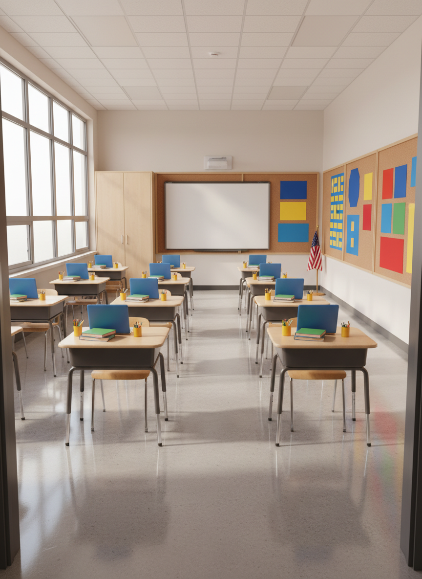 A bright, well-organized Duneland classroom viewed from the doorway, with rows of smooth light-wood desks, each topped with neatly stacked textbooks, sharpened pencils, and colorful, closed laptops. Along the walls, large bulletin boards display abstract shapes and color blocks instead of readable posters, ensuring no visible text. Afternoon sunlight streams through wide windows, casting gentle, diagonal beams across the polished tile floor and creating a warm, optimistic atmosphere. In the back corner, a clean whiteboard is flanked by storage cabinets and a small American flag. Photographic realism with a slightly elevated angle, sharp focus from front to back, and a clean, modern aesthetic that suggests academic excellence and a safe, welcoming learning environment.