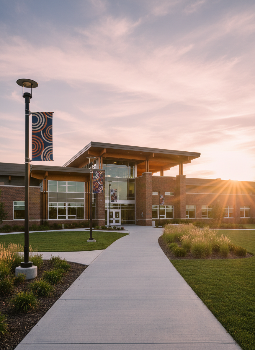 An exterior view of a Duneland school building at golden hour, the low sun casting a warm glow across brick walls and expansive glass entry doors. The school façade is modern yet timeless, with clean architectural lines, well-maintained landscaping, and a wide, welcoming walkway leading toward the entrance. Stylized banners with abstract school colors hang from lampposts, avoiding readable text while hinting at school spirit. Photographic realism from a slightly low angle, emphasizing stability and strength, with crisp focus throughout. Soft clouds are tinted by the setting sun, and subtle lens flare adds energy without distraction. The overall atmosphere is hopeful, forward-looking, and professional, ideal for a campaign emphasizing investment in strong public schools.