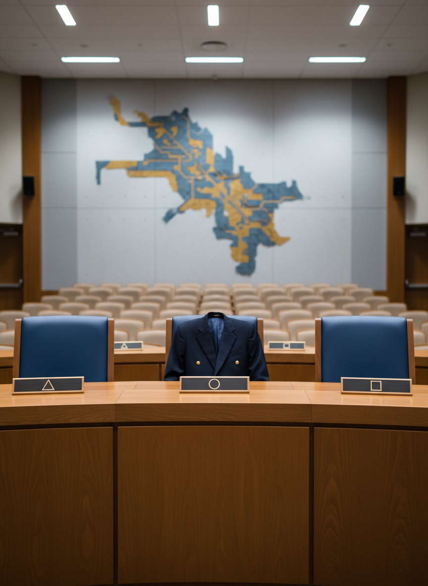 A polished wooden school board dais in a modern Duneland school auditorium, with empty high-backed chairs neatly aligned behind individual nameplates featuring simple geometric icons instead of text. In the foreground, a single folded navy blazer rests over the central chair, subtly suggesting a professional candidate presence without showing a person. Soft, even overhead lighting illuminates the warm wood tones and deep blue accents, with the Duneland area suggested through a stylized map motif on the back wall. Photographic realism at eye level, composed using the rule of thirds, with a shallow depth of field that keeps the dais sharp while the rows of seats and ceiling fixtures blur into a calm, respectful background, conveying trust, responsibility, and readiness to serve.